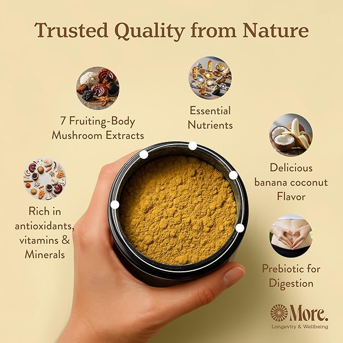 More. Longevity & Wellbeing Premium Mushroom Supplement Superfood with Natural Caffeine – 7 Functional Mushrooms with Lions Mane Supplement, Reishi, Chaga & Ashwagandha Extract , Instant Mushroom Supplement for Energy & Focus – Coconut Banana