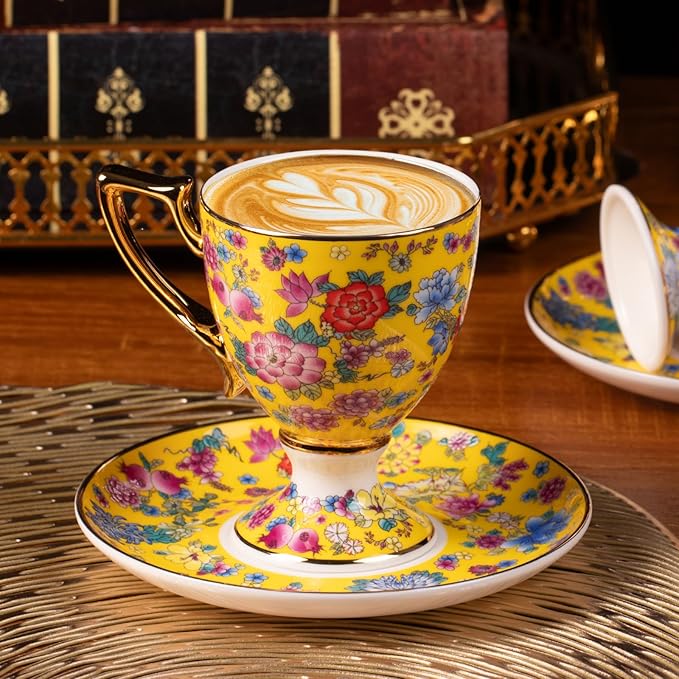 KAMMAK Tea Cups and Saucers Set of 2, Porcelain Coffee Cups with Saucer for Espresso, Cappuccino, 7oz Vintage Yellow Floral Ceramic Demitasse Mug for Home, Tea Party, Office