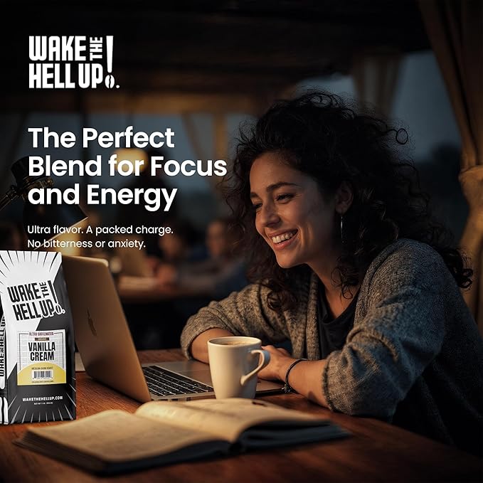 Wake The Hell Up! 1lb Ultra-Caffeinated Vanilla Cream Ground Coffee, Low Acid, Medium-Dark Roast
