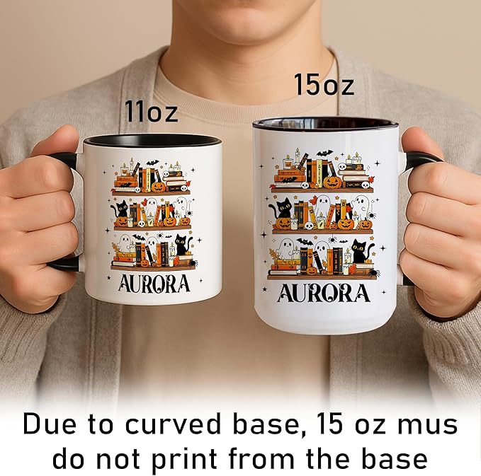 Personalized Halloween Book Lover Coffee Mug – Custom Cute Ghost and Black Cat Cup with Pumpkin Bookshelf Design – Fall Coffee Mug for Women, Spooky Bookish Gift for Readers