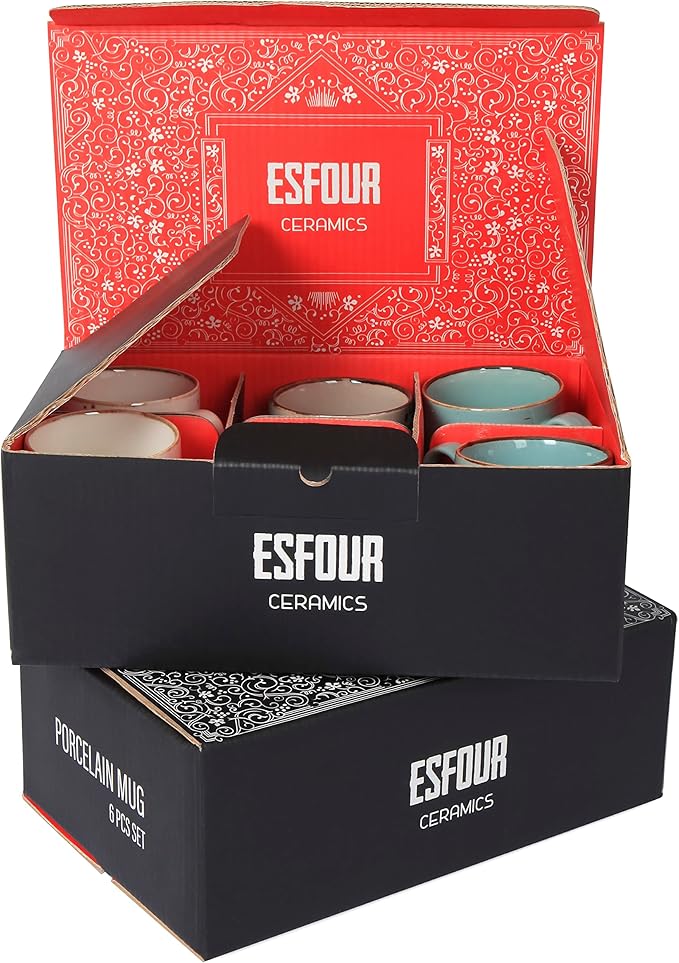 Esfour Ceramic Coffee Mugs Set Of 6, 14 Oz Large Handle Heavy Duty Cups - Microwave Dishwasher Safe - Latte, Cappuccino, Tea, Cocoa, Mocha - Men, Women, Home Office Daily Use, Natural Assorted Colors
