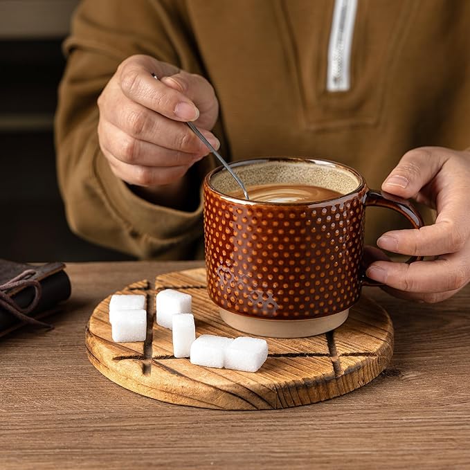 GBHOME 12 OZ Stackable Coffee Mugs, Ceramic Coffee Cups with Texture Patterns for Man,Woman,Dad,Mom, Modern Coffee Mugs Set of 4 for Latte/Cappuccino/Cocoa. Dishwasher&Microwave Safe