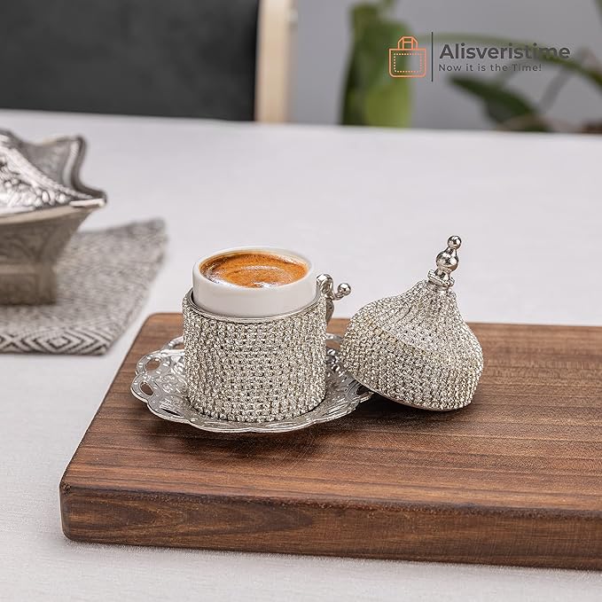 Alisveristime Ottoman Turkish Greek Arabic Espresso Coffee Cups with Saucer and Lid (Crystal Set) (Set of 2) (Silver)