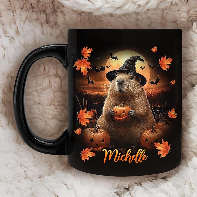 Hyturtle Personalized Halloween Capybara Mug - Capybara Gift For Women Lover - Wild Animal Lover Gift For Her - Spooky Season Decor For Fall Season Halloween - Coffee Name Cup Ceramic Mug 11 oz 15 oz