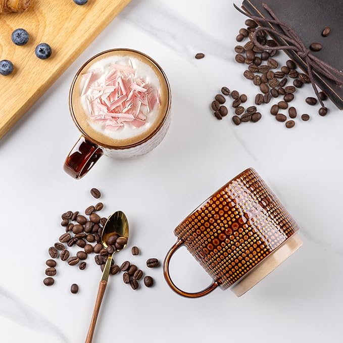 GBHOME 12OZ Stackable Coffee Mugs, Ceramic Coffee Mugs with Texture Patterns for Man,Woman,Dad,Mom, Modern Coffee Mugs Set of 4 for Latte/Cappuccino/Cocoa. Dishwasher&Microwave Safe