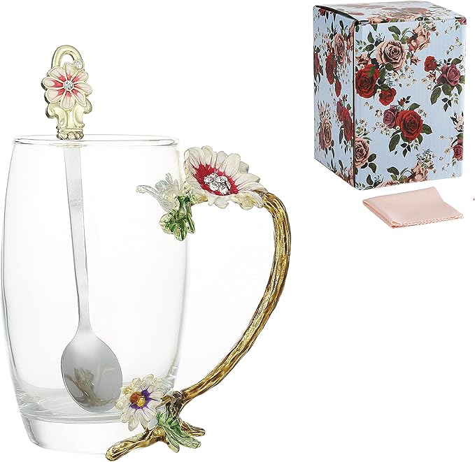 Handicraft Crystal Glass 3D Flower Cups Tea Mug With Tea Spoon Women Coffee, Tea, Juice, Beer, Milk Hot And Cold Drinks Use Gift Package. (Chrysanthemum, 12 OZ)