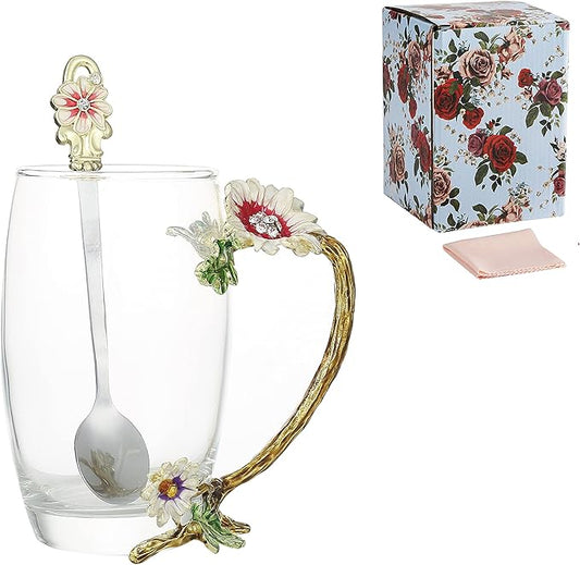 Handicraft Crystal Glass 3D Flower Cups Tea Mug With Tea Spoon Women Coffee, Tea, Juice, Beer, Milk Hot And Cold Drinks Use Gift Package. (Chrysanthemum, 12 OZ)