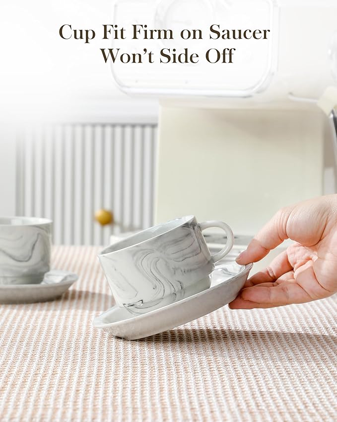 MALACASA 8 OZ Porcelain Espresso Cups with Saucers and Metal Stand Set of 4, Stackable Cappuccino Cups, Marble Gray Expresso Shots Cup Set for Coffee Drinks, Latte, Tea