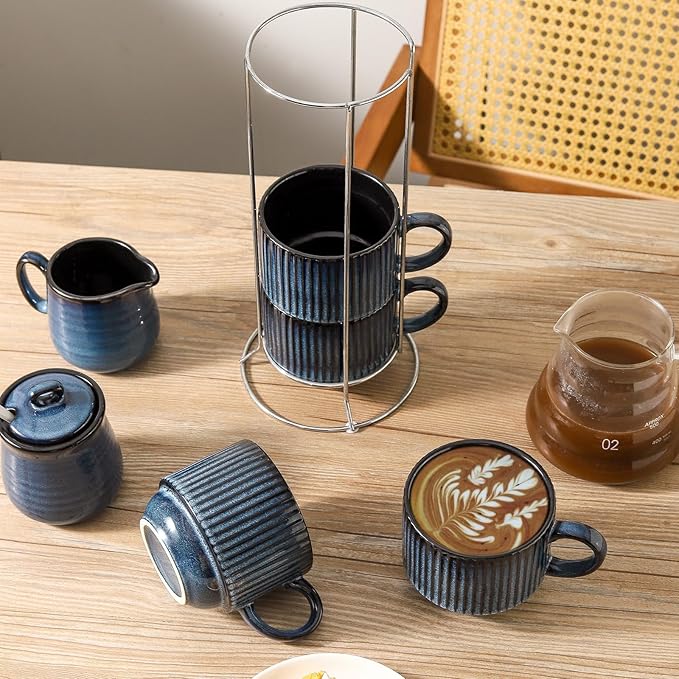 glowworm Coffee Mugs Set of 4, 15 Oz Stackable Coffee Mugs with Rack, Ceramic Cups for Home, Office, Housewarming & Engagement Gifts, Microwave & Dishwasher Safe, Navy Blue
