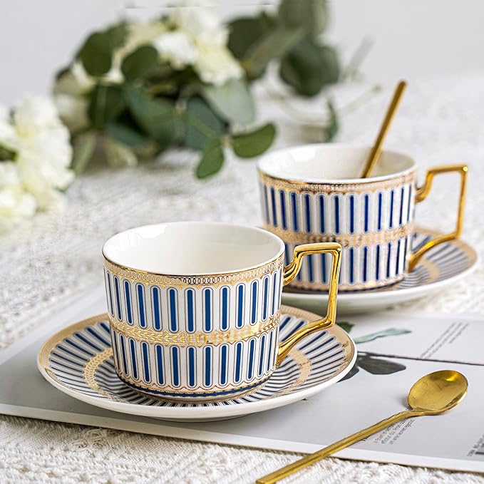 CwlwGO-Bone China Cups & Saucers Set of 2 (7 oz) with Gold Spoon and Gifts Box, White Tea Cups Sets,Cappuccino Cups,Ceramic British Coffee Cup Set.
