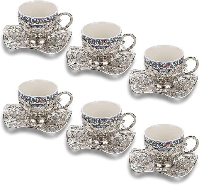 Alisveristime Turkish Coffee Set for Six, 6 Topkapi Design Porcelain Cups with Zamac Holders and Saucers, Two Color Variations: Gold and Silver (Topkapi-Design) (Silver)