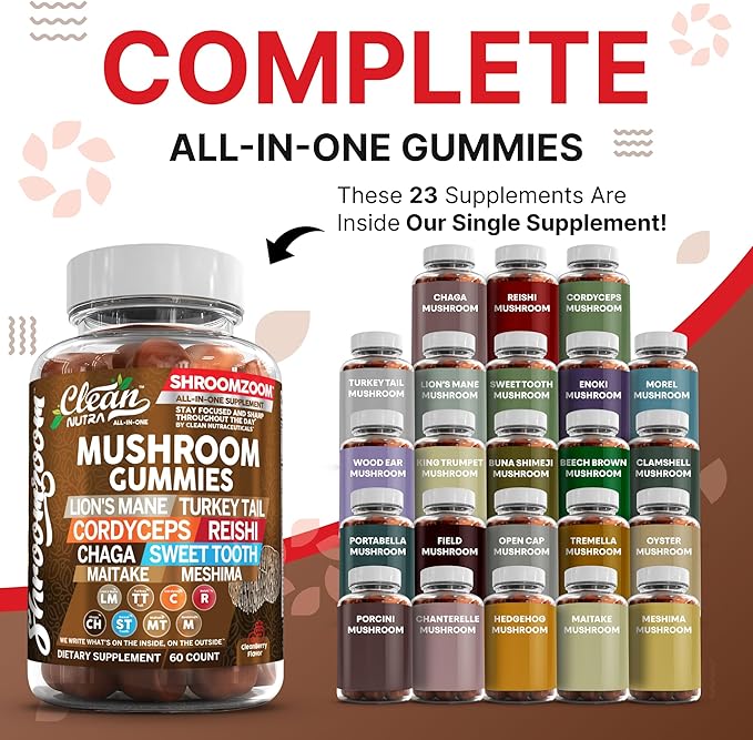 15in1 Mushroom Gummies with Lion's Mane Turkey Tail Cordyceps Reishi Chaga Sweet Toot Maitake Meshima Poria Cocos Shiitake Tremella, Oyster Agaricus Mushrooms for Men and Women Supplement - 2Pack