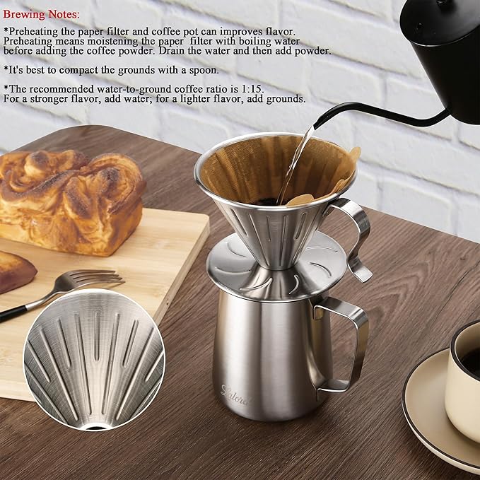 Pour Over Coffee Maker, 304 Stainless Steel wIth 100 pcs V60 Paper Filters & 600ml Milk Frothing Pitcher, for Home & Camping