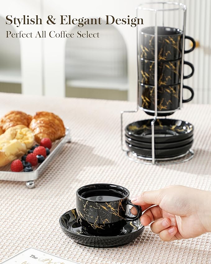 MALACASA 4 OZ Porcelain Espresso Cups with Saucers and Metal Stand Set of 4, Stackable Cappuccino Cups, Marble Black Expresso Shots Cup Set for Coffee Drinks, Latte, Tea