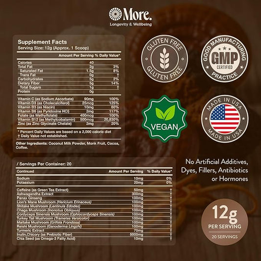 More. Longevity & Wellbeing Premium Mushroom Coffee Superfood – 7 Functional Mushrooms with Lions Mane Supplement, Reishi, Chaga & Ashwagandha Extract, Instant Coffee Alternative with Prebiotics and Essential Vitamins for Focus & Energy, Mocha