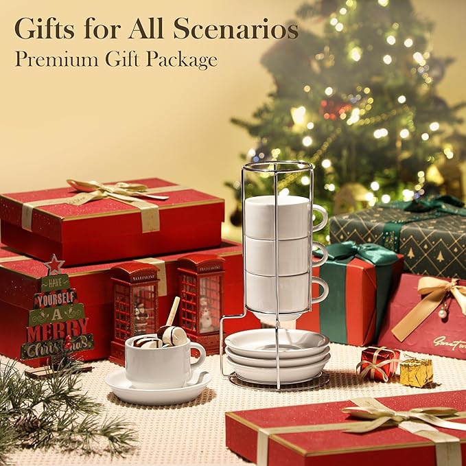 MALACASA 4 OZ Porcelain Espresso Cups with Saucers and Metal Stand Set of 4, Stackable Cappuccino Cups, White Expresso Shots Cup Set for Coffee Drinks, Latte, Tea