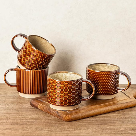 GBHOME 12 OZ Stackable Coffee Mugs, Ceramic Coffee Cups with Texture Patterns for Man,Woman,Dad,Mom, Modern Coffee Mugs Set of 4 for Latte/Cappuccino/Cocoa. Dishwasher&Microwave Safe
