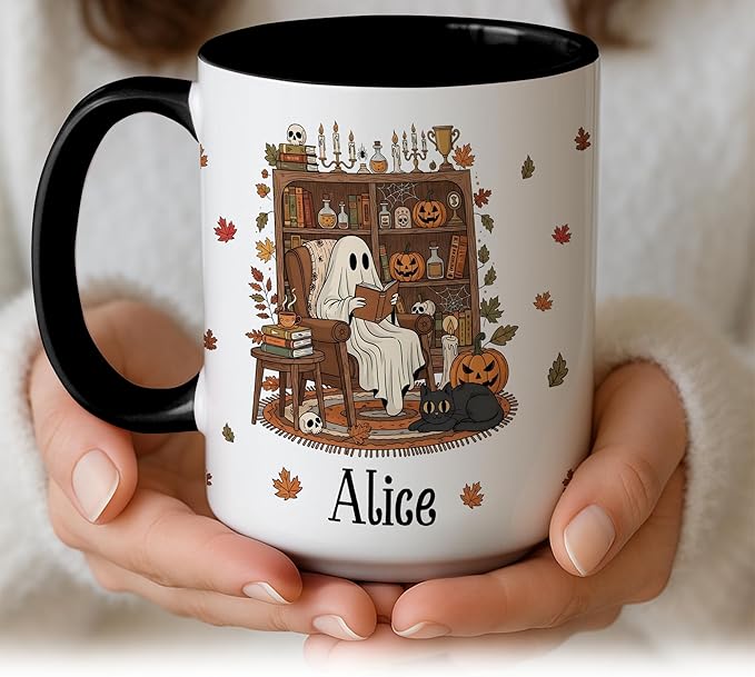 Personalized Halloween Book Lover Coffee Mug – Custom Cute Ghost Cup for Fall and Christmas – Unique Spooky Coffee Mugs for Women, Readers, and Bookish Gift Ideas