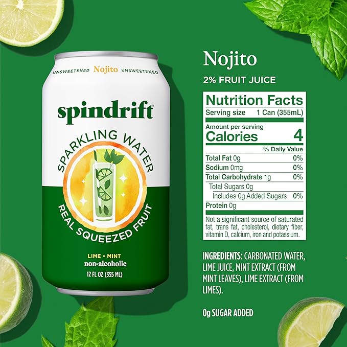 Spindrift Sparkling Water, Nojito Flavored, Made with Real Squeezed Fruit, 12 Fl Oz Cans, Pack of 24 (Only 4 Calories per Can)