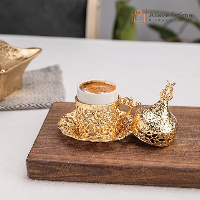 Alisveristime Turkish Coffee Set for Two - Authentic Ottoman Style Cups, Saucers, and Serving Tray with Lale Motifs (Acur) (Gold)