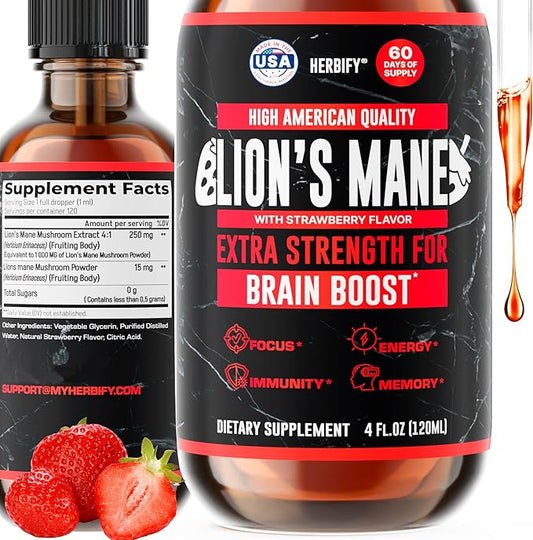 HERBIFY Lions Mane Supplement - Daily Mushroom Supplement for Memory, Focus & Clarity - Brain Booster - Lions Mane Tincture for Immune Support - 4 Fl oz Strawberry Flavor