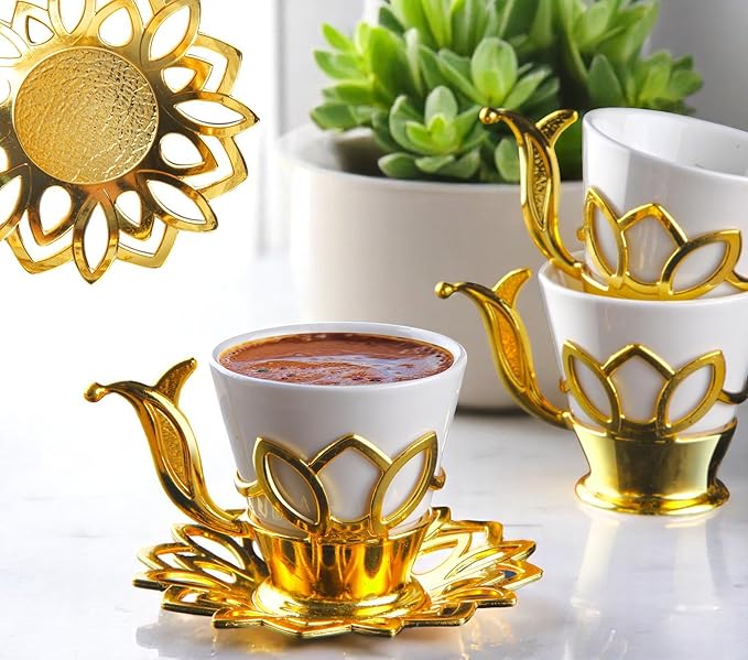 Alisveristime (Set of 6 Turkish Coffee Set with Porcelain Cups, Zamac Holders & Saucers – 80ml Capacity, Ottoman Motif, 4 Color Options (Gold)