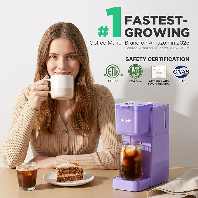 Single Serve Coffee Maker Hot and Iced with Bold Brew, Small Coffee Machine for K Cup and Ground, Fits 7.3'' Travel Mug, Brews up to 16 Oz, 5 Cup Sizes, Compact for Office, RV& Hotel, Purple