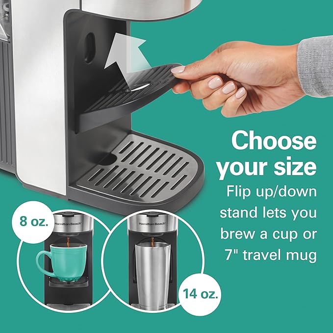Hamilton Beach The Scoop Single Serve Coffee Maker & Fast Grounds Brewer for 8-14oz. Cups, Brews in Minutes, 40oz. Removable Reservoir, Stainless Steel (49987),Silver
