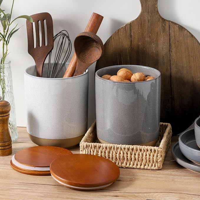 Ceramic Food Storage Jar,Coffee Canister for Countertop with Lids Airtight,Large Flour,Cereal,Spices,Beans,Rice and Candies Containers for Kitchen and Home,Farmhouse Kitchen Decor,80 OZ Gray