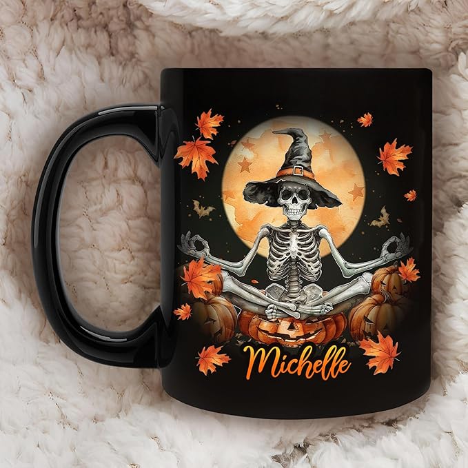 Hyturtle Personalized Halloween Skull Mug - Skeleton Gift For Women Lover - Gothic Skull Lover Gift For Her - Spooky Season Skeleton Decor For Fall Halloween - Coffee Name Cup Ceramic Mug 11 oz 15 oz