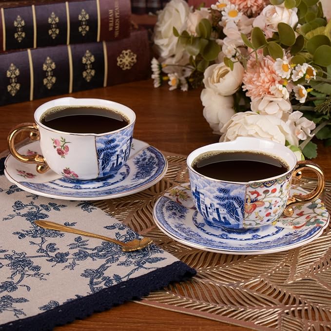 KAMMAK Tea Cups and Saucers Set of 2, Fine Bone China Coffee Cups, 8.5-Ounce Stackable Espresso Mugs, Ceramic Demitasse for Coffee, Cappuccino, Latte, Americano, Tea, Doozy + Rose