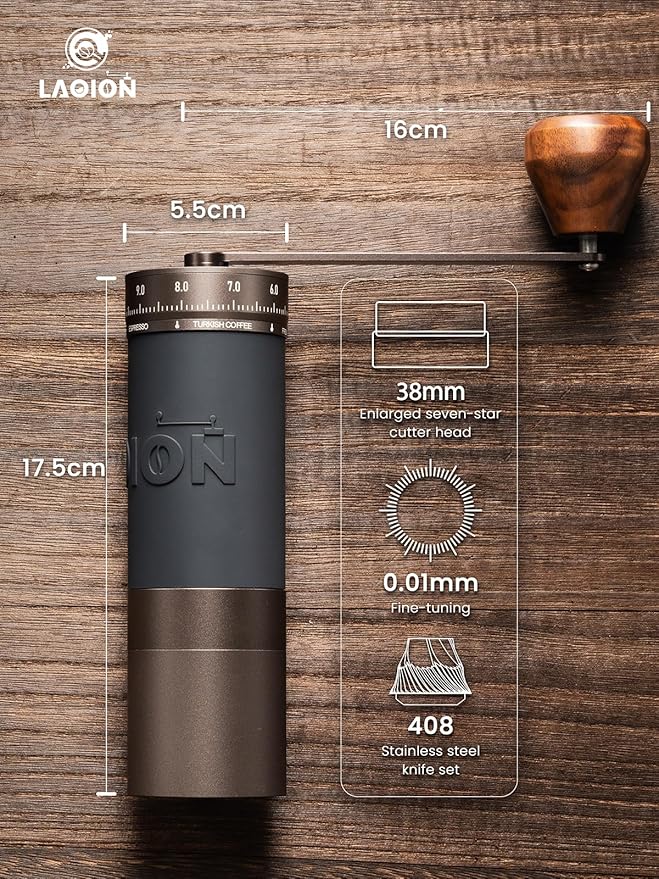 L6 Manual Coffee Grinder with Straight Handle, Hand Coffee Grinder for Espresso, Moka, Drip, French Press with External Adjustment Ring, Precision-Consistent Stainless Steel Conical Burr