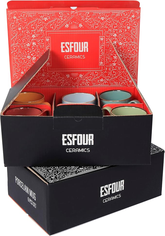 Coffee Mugs Set Of 6, 14 Oz Large Handle Heavy Duty Cups - Microwave Dishwasher Safe - Latte, Cappuccino, Tea, Cocoa, Mocha - Men, Women, Home Office Daily Use, Vivid Assorted Colors