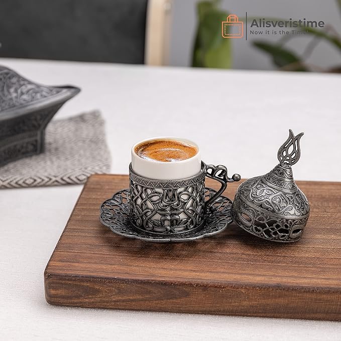 Alisveristime Turkish Coffee Set for Two - Authentic Ottoman Style Cups, Saucers, and Serving Tray with Lale Motifs (Acur) (Black)