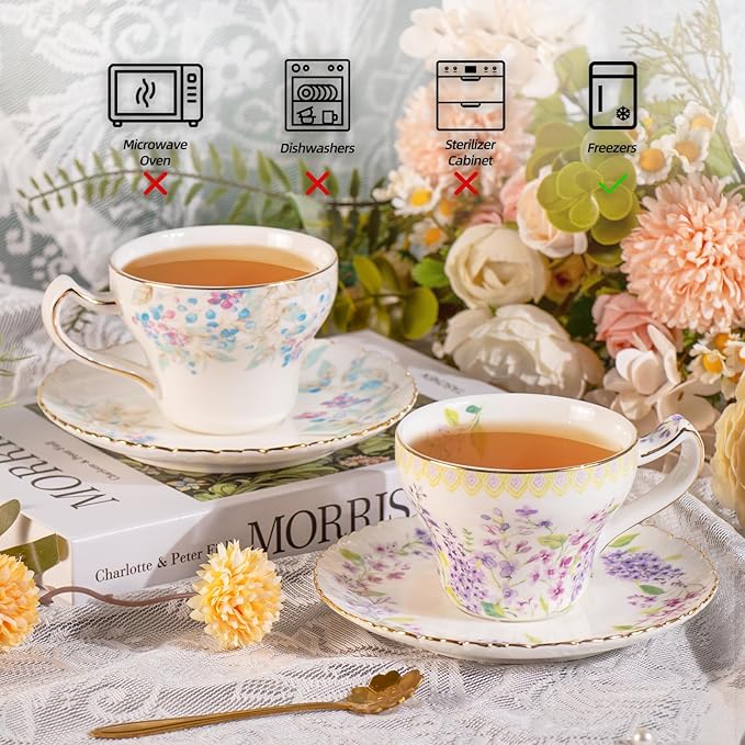 KAMMAK Tea Cups and Saucers Set of 2, Reinforced Porcelain Coffee Cups, 7.4-Ounce Stackable Espresso Mugs, Ceramic Demitasse for Coffee, Cappuccino, Latte, Americano, Tea, Lilac + Colorful