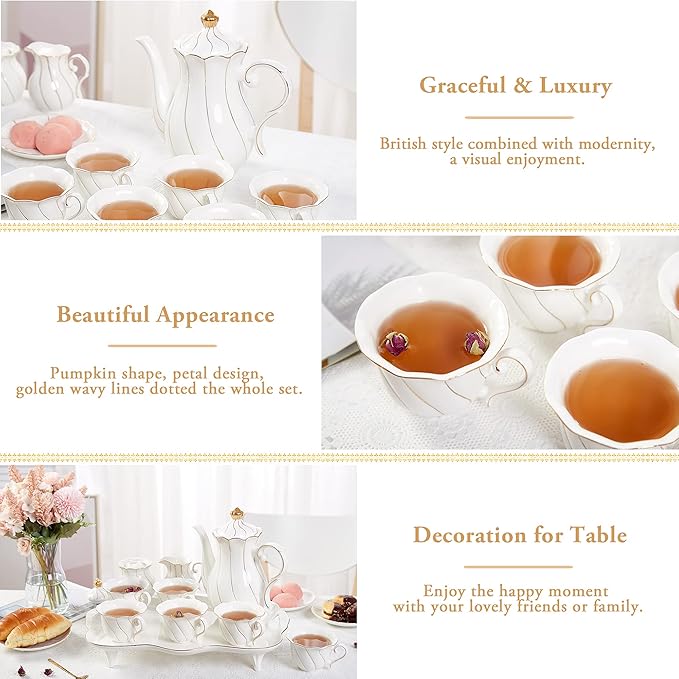 DUJUST 14 pcs Tea Set for 6 with Tea Tray & Spoons, Luxury British Style Coffee Cup Set with Golden Trim, Beautiful Porcelain Set for Living Room Decor, Tea Party Set, Gift Package - White