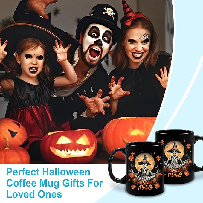 Hyturtle Personalized Halloween Skull Mug - Skeleton Gift For Women Lover - Gothic Skull Lover Gift For Her - Spooky Season Skeleton Decor For Fall Halloween - Coffee Name Cup Ceramic Mug 11 oz 15 oz