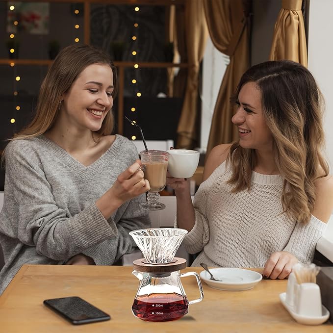 Upgrade Glass Coffee Dripper/Filter - Glass Pour Over Coffee Cone with Walnut Stand with Holder, Drip Coffee Maker Funnel Accessories for Home or Office, 1-5 Cups