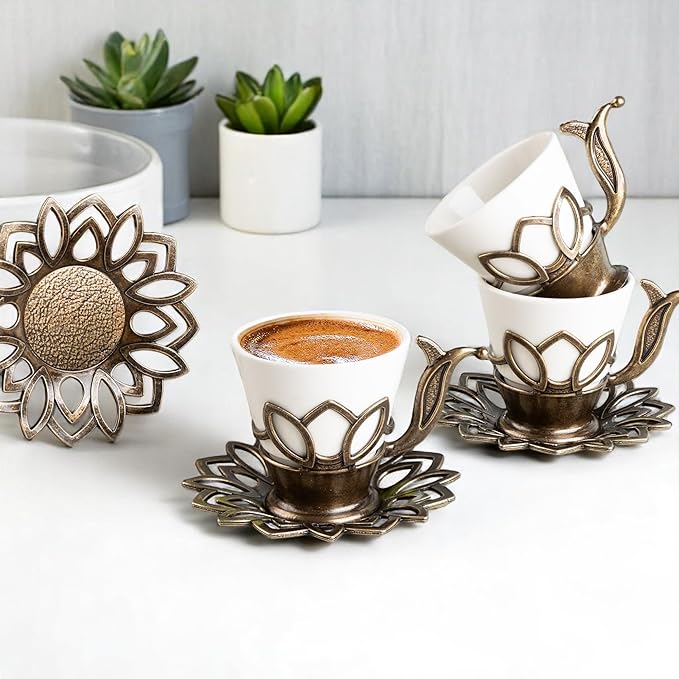 Alisveristime (Set of 6 Turkish Coffee Set with Porcelain Cups, Zamac Holders & Saucers – 80ml Capacity, Ottoman Motif, 4 Color Options (Antique Green)