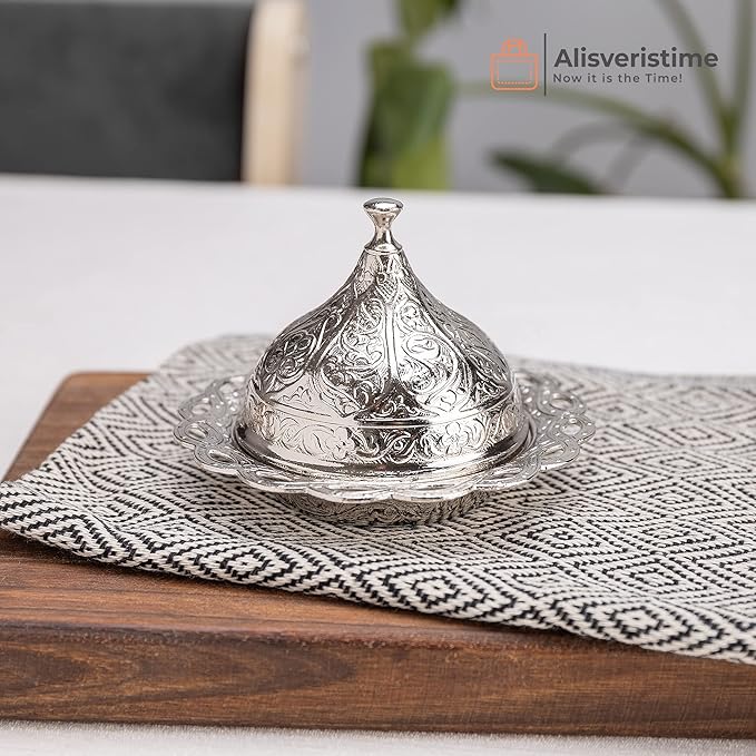 Alisveristime Turkish Coffee Set for Two - Authentic Ottoman Style Cups, Saucers, and Serving Tray with Lale Motifs (Acur) (Silver)