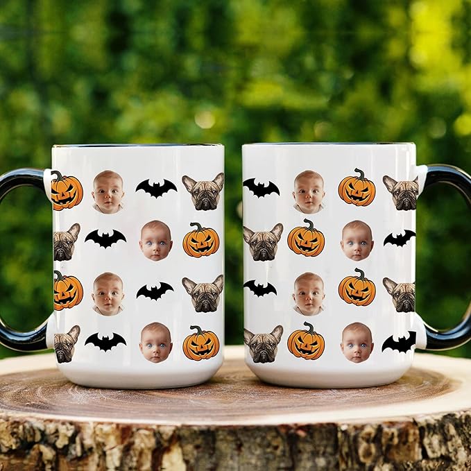 Personalized Halloween Mug with Baby & Dog Faces - Custom Photo Collage Coffee Mug with Pumpkins & Bats - Funny Halloween, Birthday Gift for Pet Lovers, Parents, Grandparents, or Kids
