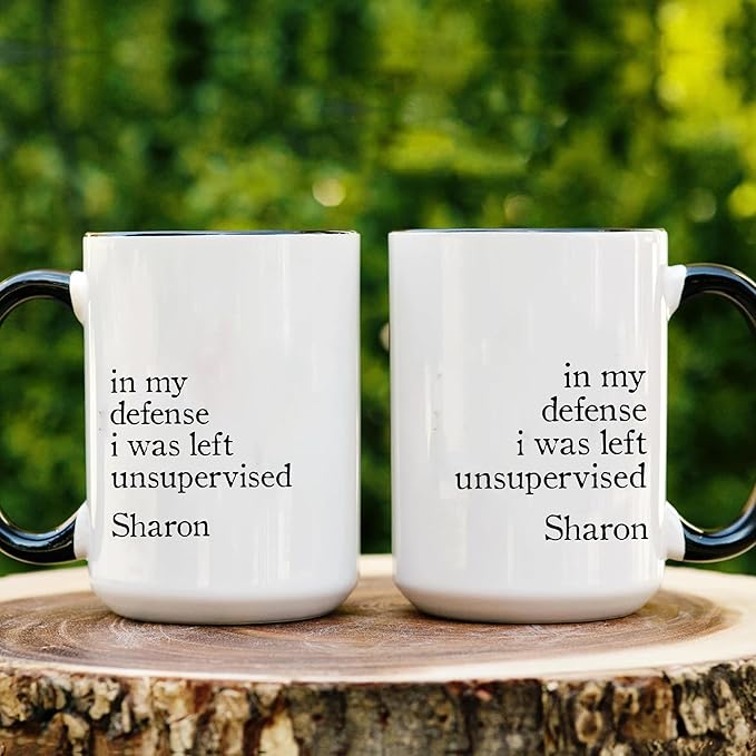 Personalized Funny Coffee Mug – Custom Name Cup with Hilarious Quote “In My Defense I Was Left Unsupervised” – Unique Gag Gift, White Elephant Christmas Cup