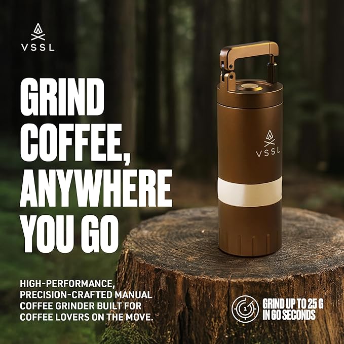 VSSL Java G25 Manual Coffee Grinder | Coffee for Camping | Bean Grinder | Travel Pour Over | Stainless Steel Conical Burr | ~ 25 Gram Capacity | Extendable Grind Handle | 50 Grind Settings | Bronze