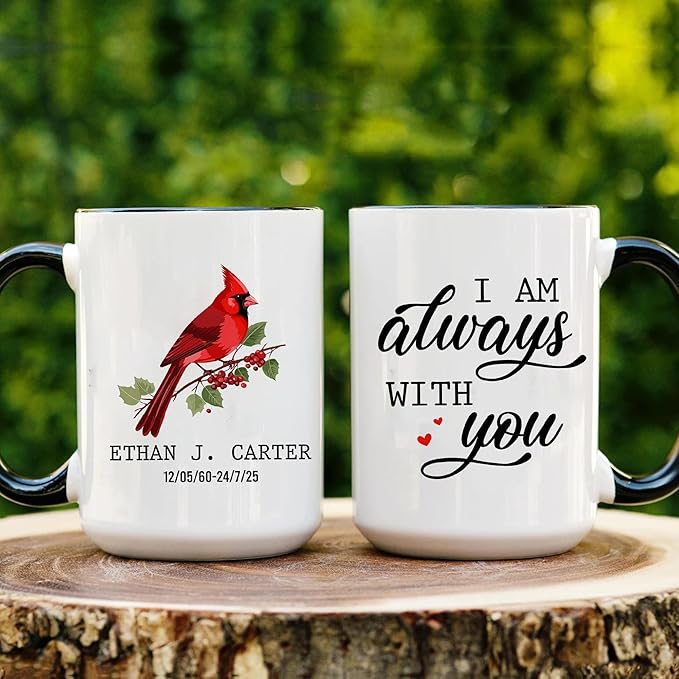 Personalized Memorial Coffee Mug – Cardinal Butterfly Ceramic Cup – Custom Remembrance Gift for Loss of Loved One – Sympathy Cup for Husband, Wife, Mother, Father, or Parents