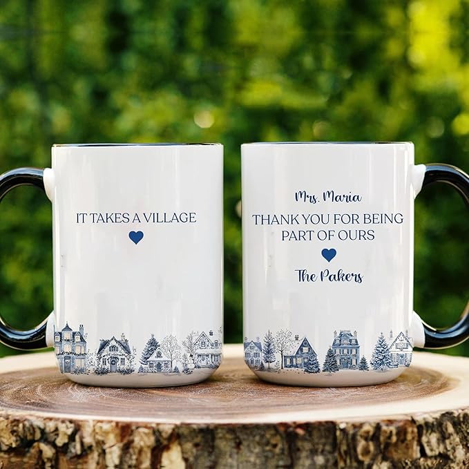 Personalized Toile De Jouy It Takes a Village Thank You Mug – Custom Name Ceramic Coffee Cup – Unique Appreciation Gift for Teacher, Nanny, Babysitter, Coach, Mentor, or Friend