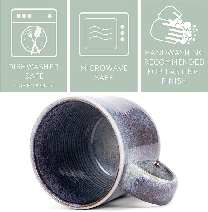 Elanze Designs Glossy Reactive Glaze Large 17 Fluid Ounce Everyday Kitchen Food Grade Ceramic Stoneware Coffee Mug Cup with Comfort Curved Handles, Set of 4, Purple Ombre Blue