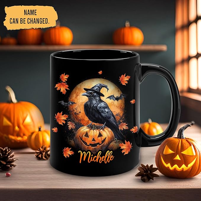Hyturtle Personalized Halloween Raven Crow Mug - Raven Gift For Women Lover - Wild Animal Lover Gift For Her - Spooky Season Decor For Fall Season Halloween - Coffee Name Cup Ceramic Mug 11 oz 15 oz