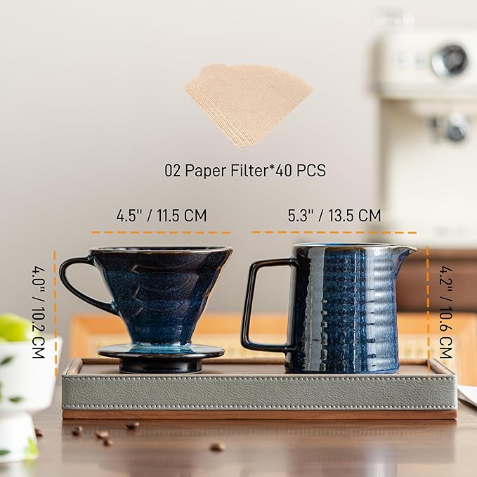 Pour Over Coffee Maker Set,Ceramic Coffee Maker With 40 pcs Paper Filter，15oz/450ml Pour Over Coffee Dripper (Starry Blue)