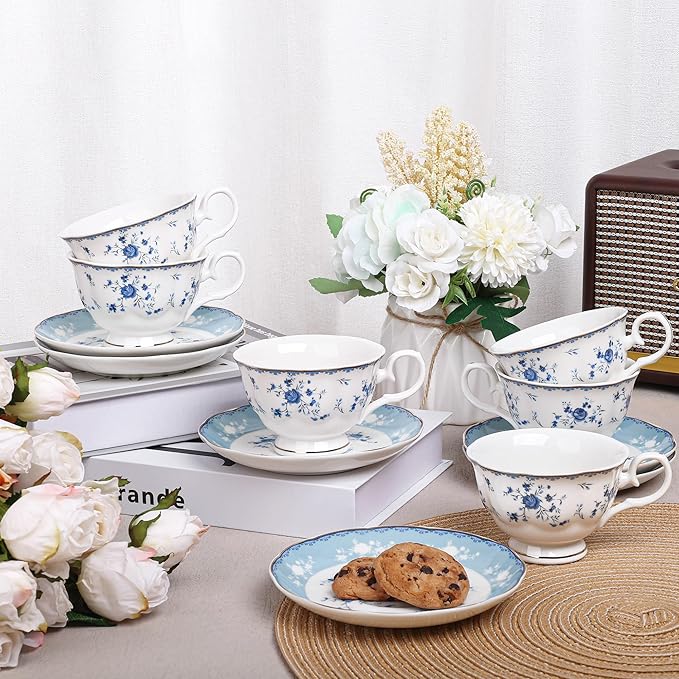 fanquare 5 Ounces Blue Rose Tea Cup Set of 6, Gold Trimmed Porcelain Coffee Cups for Party Home, Vintage British Afternoon Cup and Saucers