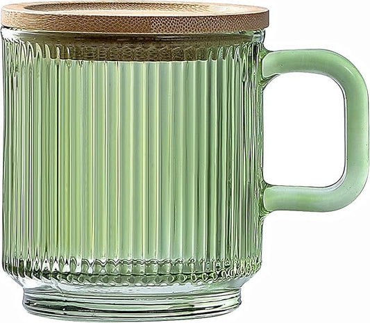 Lysenn Glass Coffee Mug with Lid - Premium Classical Vertical Stripes Glass Tea Cup - for Latte, Tea, Chocolate, Juice, Water - Lead-Free - Bamboo Lid - Lime Green